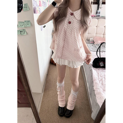 韩系甜美粉色波点娃娃领短袖衬衫