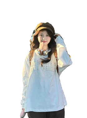美式复古刺绣白色长袖t恤卫衣女