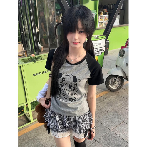 可爱甜酷黑灰色插肩短袖t恤女夏
