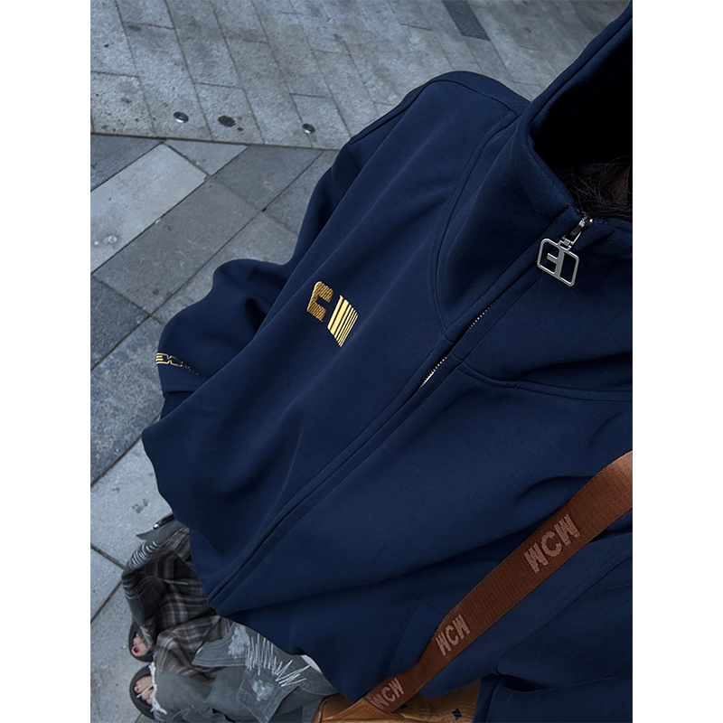 美式高街刺绣高领连帽卫衣女秋冬