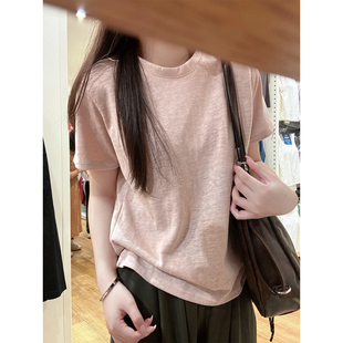 韩系基础款藕粉色短袖t恤女2026夏季小宽松正肩圆领显瘦纯色上衣