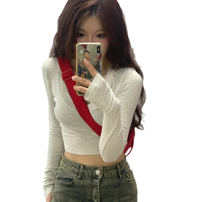 美式复古辣妹V领长袖t恤女秋冬