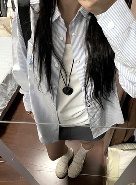 美式复古蓝色条纹长袖衬衫女春秋2024新款宽松设计感撞色外套衬衣