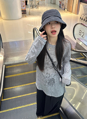 美式复古灰色长袖防晒T恤女夏季小个子宽松外搭薄款空调罩衫上衣