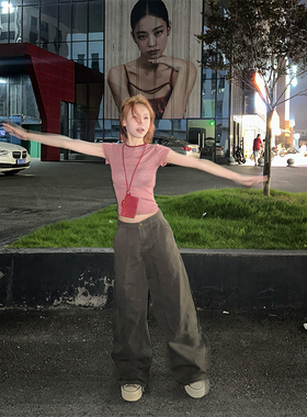 美式复古条纹红色t恤女夏季2025新款辣妹短袖vintage修身短款上衣