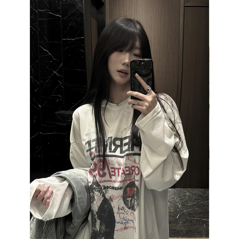 美式高街卡通猫咪白色长袖t恤女