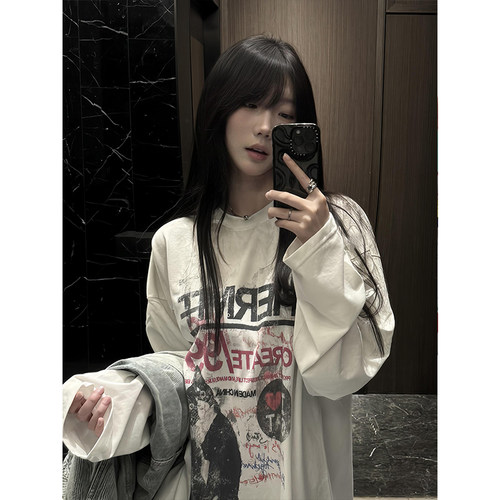 美式高街卡通猫咪白色长袖t恤女