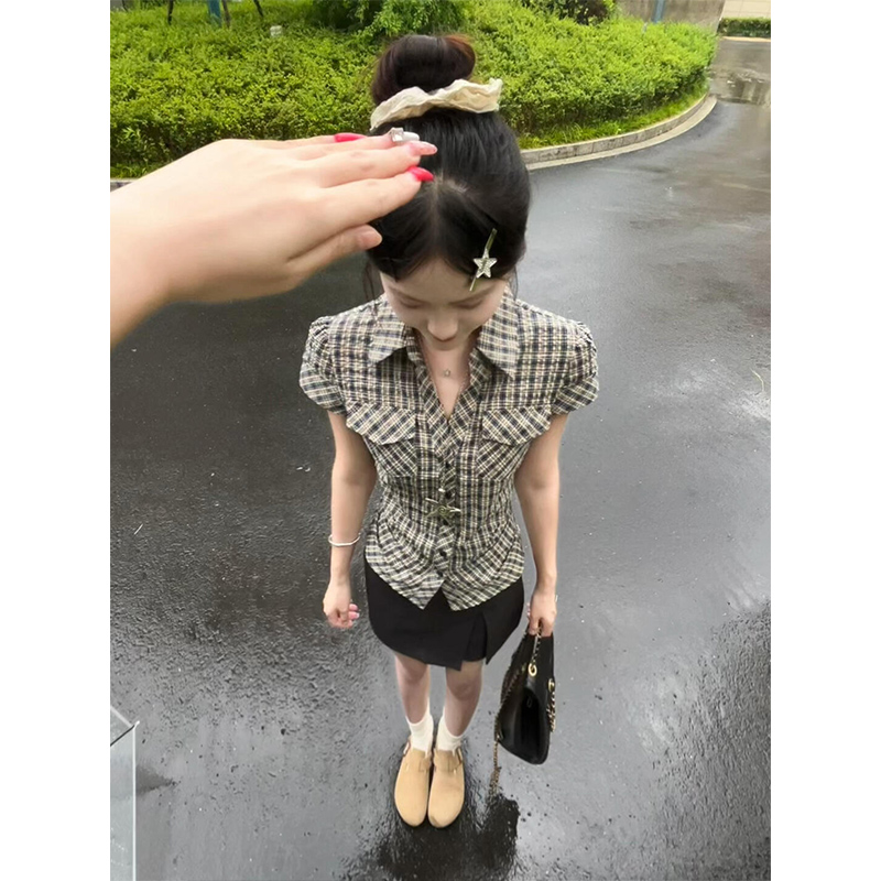 美式复古格子掐腰显瘦短袖衬衫女