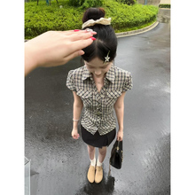 美式复古格子掐腰显瘦短袖衬衫女夏季设计感修身收腰百搭衬衣上衣