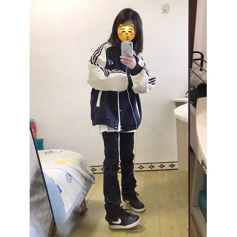 美式潮牌撞色插肩袖棒球服外套女春秋季oversize宽松百搭休闲夹克