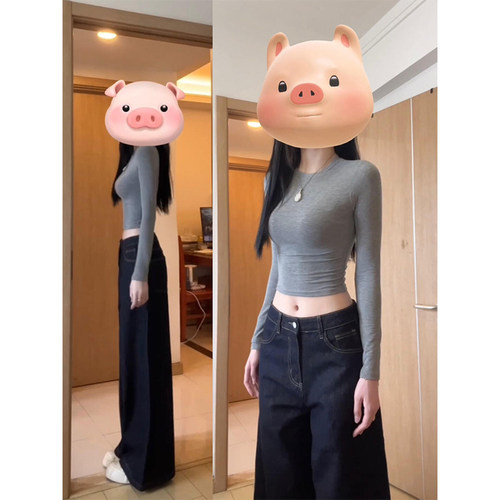 美式正肩紧身打底长袖t恤女春秋