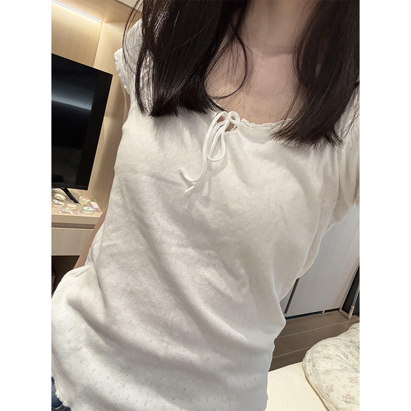 bm风蝴蝶结蕾丝花边u领短袖t恤女图片