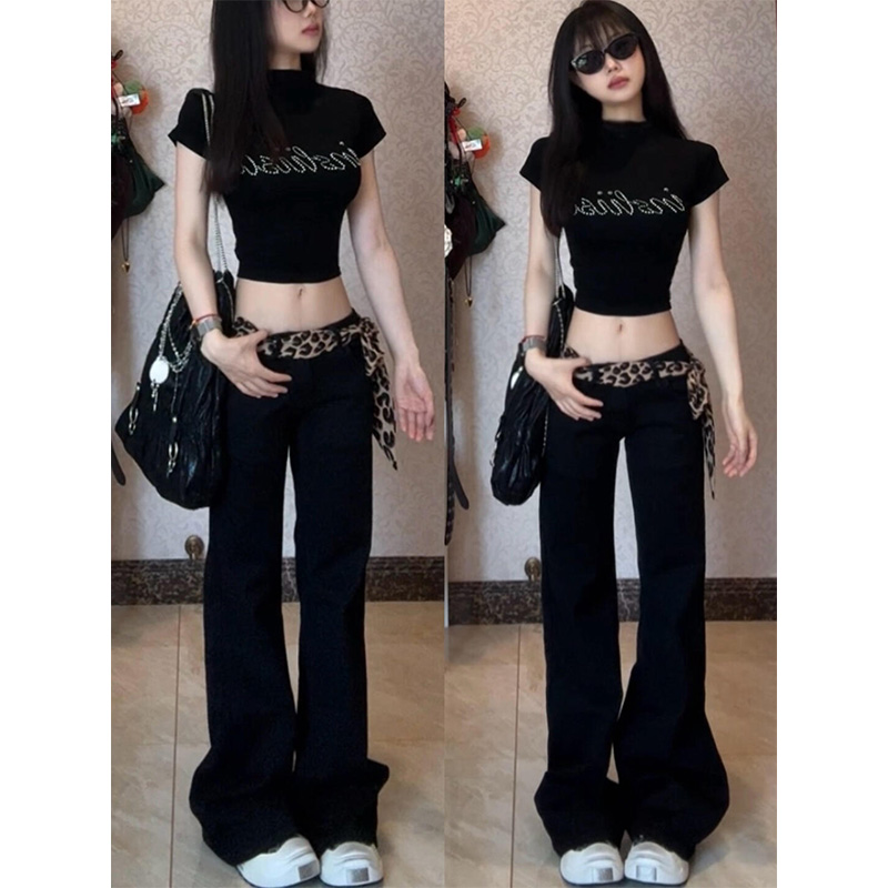 美式复古高级烫钻正肩短袖t恤女