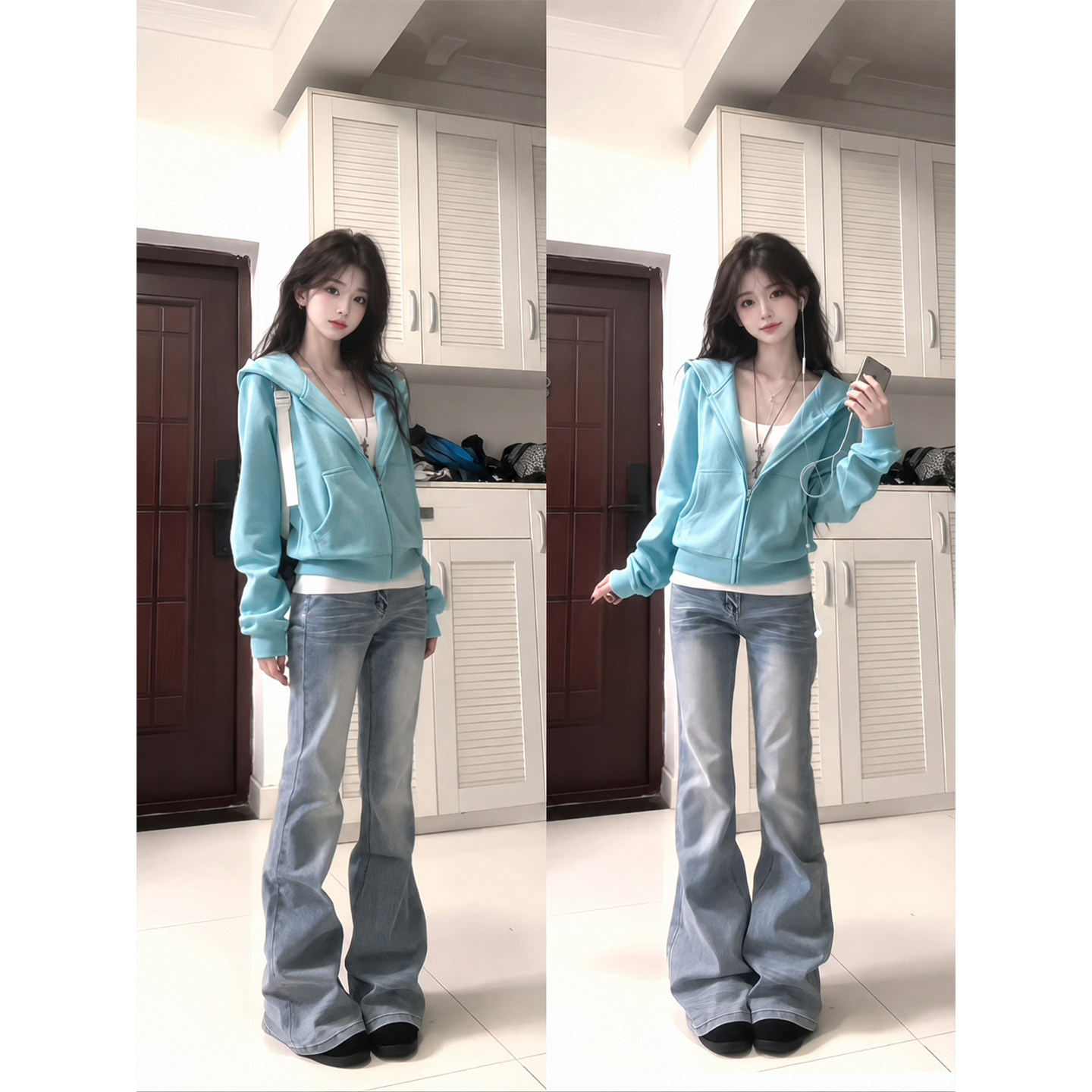 韩系松弛湖蓝色连帽开衫卫衣女2026秋季新款休闲百搭宽松chic外套