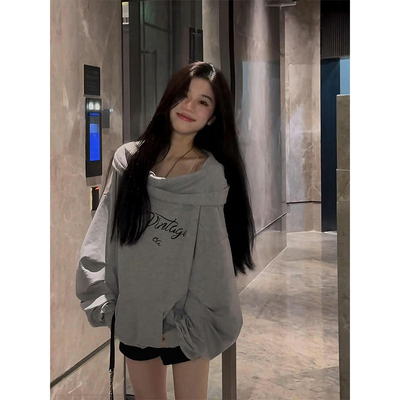 美式复古高街斜露肩连帽卫衣女秋