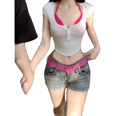 美式复古低腰弹力牛仔短裤女夏季