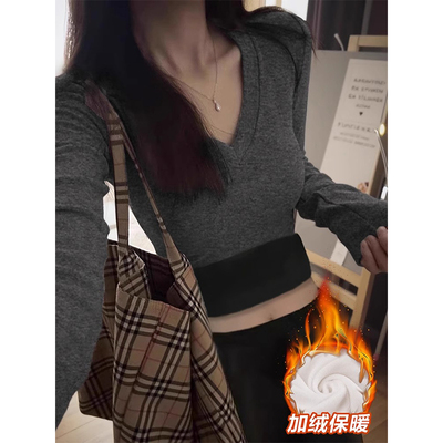 灰色V领加厚银狐绒打底衫女冬季