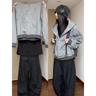 美式复古刺绣开衫短款卫衣女春秋