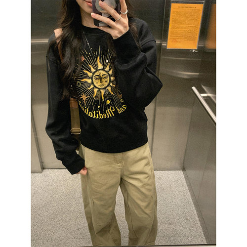 美式复古太阳花图腾印花卫衣女秋