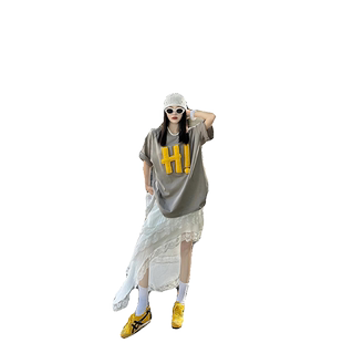 浅灰色纯棉立体撞色字母短袖t恤女夏季美式潮牌oversize高街上衣