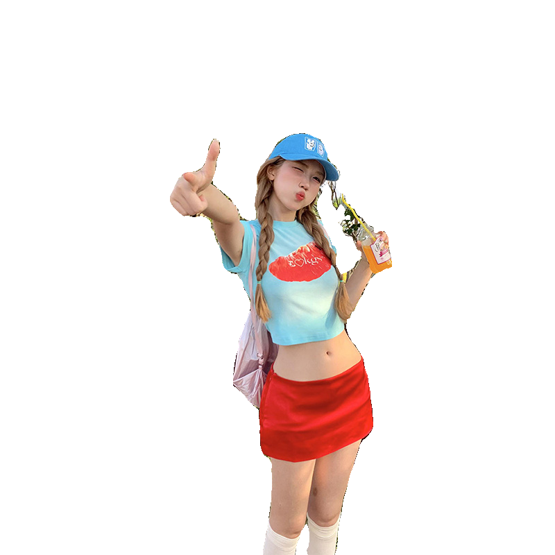 薄荷曼波水果正肩短袖t恤女夏季美式辣妹修身短款紧身绝美小上衣