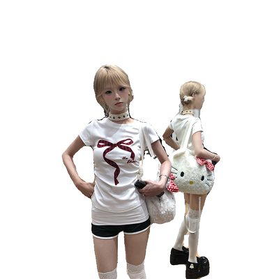 美式甜妹风蝴蝶结正肩短袖t恤女