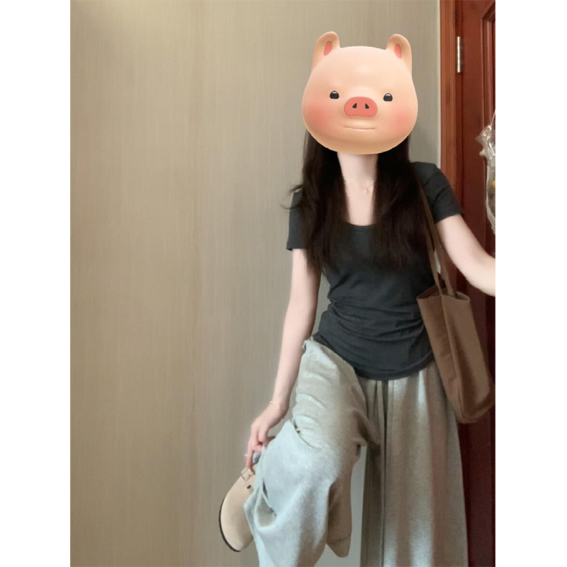 灰色u领正肩气质短袖t恤女夏季