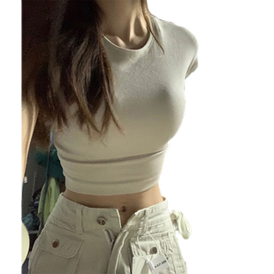 美式辣妹紧身短袖纯棉t恤女2025夏季新款纯欲甜辣正肩短款上衣ins