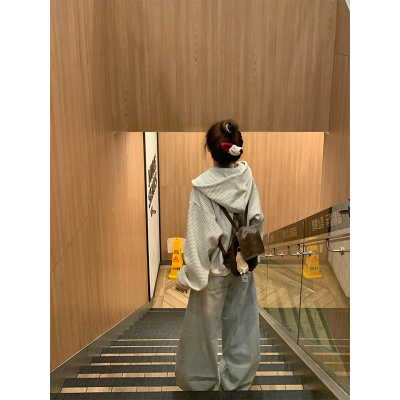 美式复古撞色条纹连帽卫衣外套女