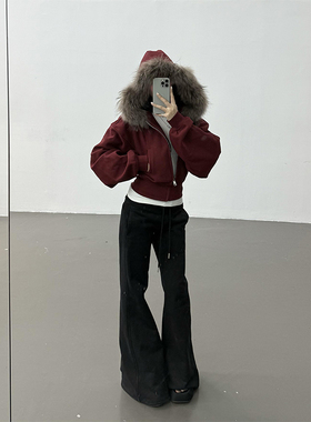 美式复古红色连帽毛领短款卫衣外套女秋冬季加绒收腰显瘦百搭上衣