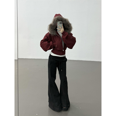 美式复古红色连帽毛领短款外套女