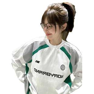 美式复古球衣字母撞色拼接长袖t恤女春秋设计感宽松慵懒运动上衣