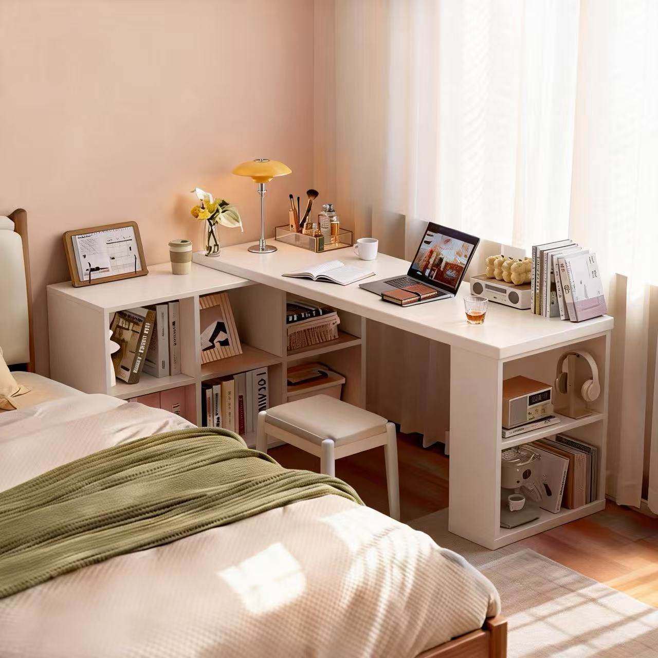 转角书桌书柜一体家用学习桌收纳柜化妆台卧室轻奢高级感牀边桌子,住宅家具,电脑桌,淘宝优惠券,粉丝福利购,淘宝优惠卷