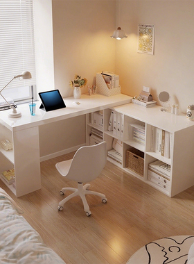 转角书桌书柜一体桌子女生卧室梳妆台化妆桌可伸缩l型拐角电脑桌