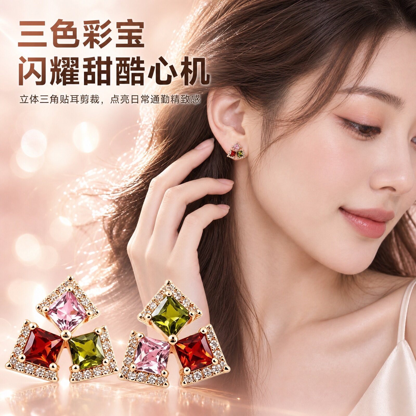 法式轻奢耳钉撞色锆石镀金耳环