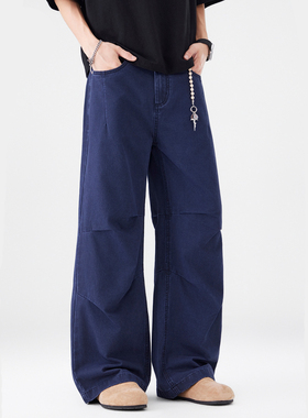 美式潮牌街头A字型牛仔裤男士宽松直筒法工蓝工装长裤