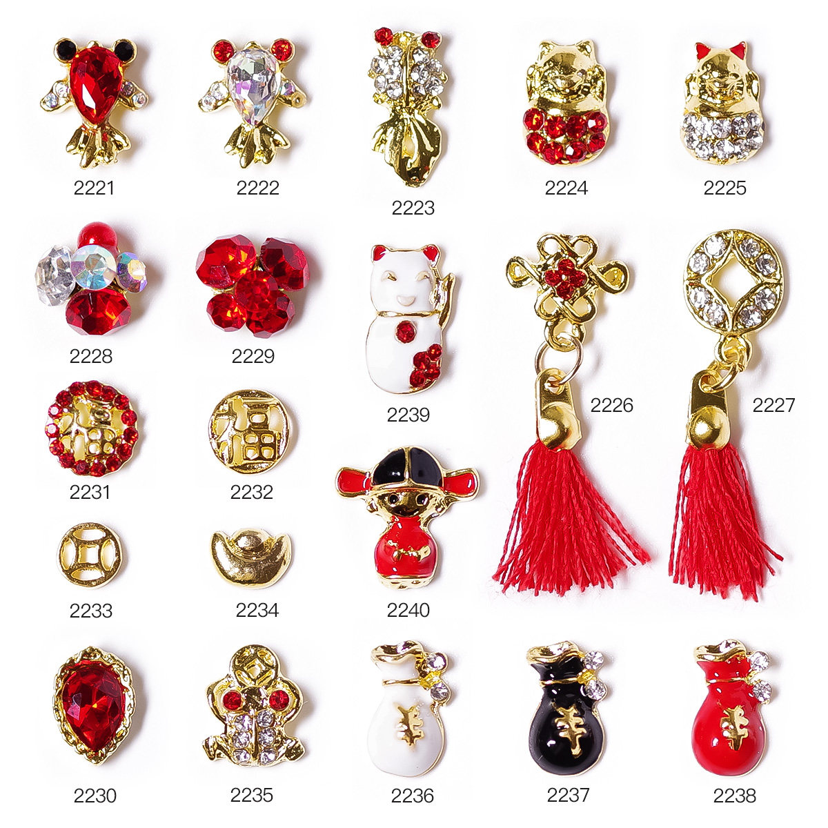 新年美甲饰品喜庆招财猫元宝钱袋流苏中国结红色小堆钻福字水钻鱼