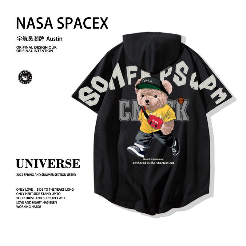 夏季美式运动情侣连帽短袖T恤男2023新款男士卫衣薄款夏款青少年