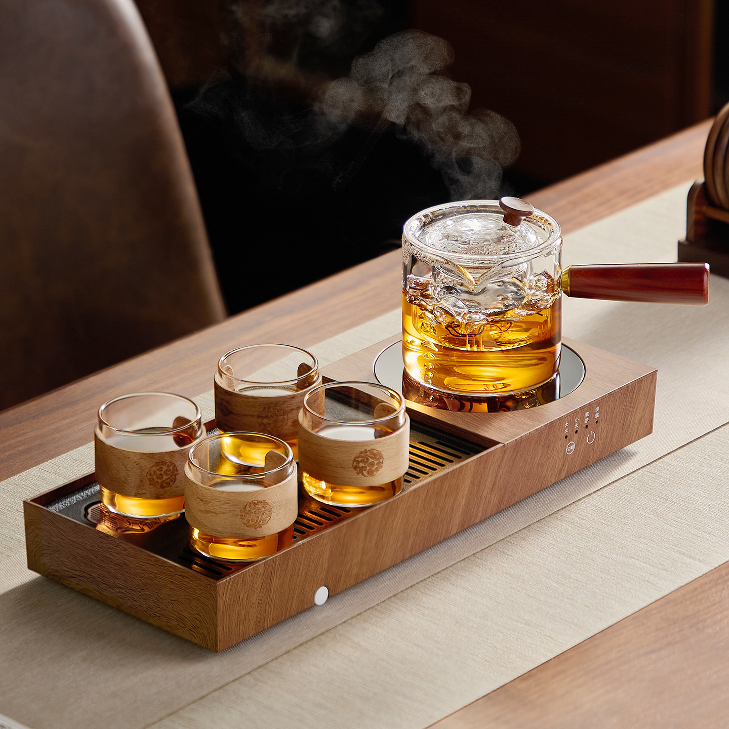 【电陶炉一体茶盘】玻璃煮茶套装