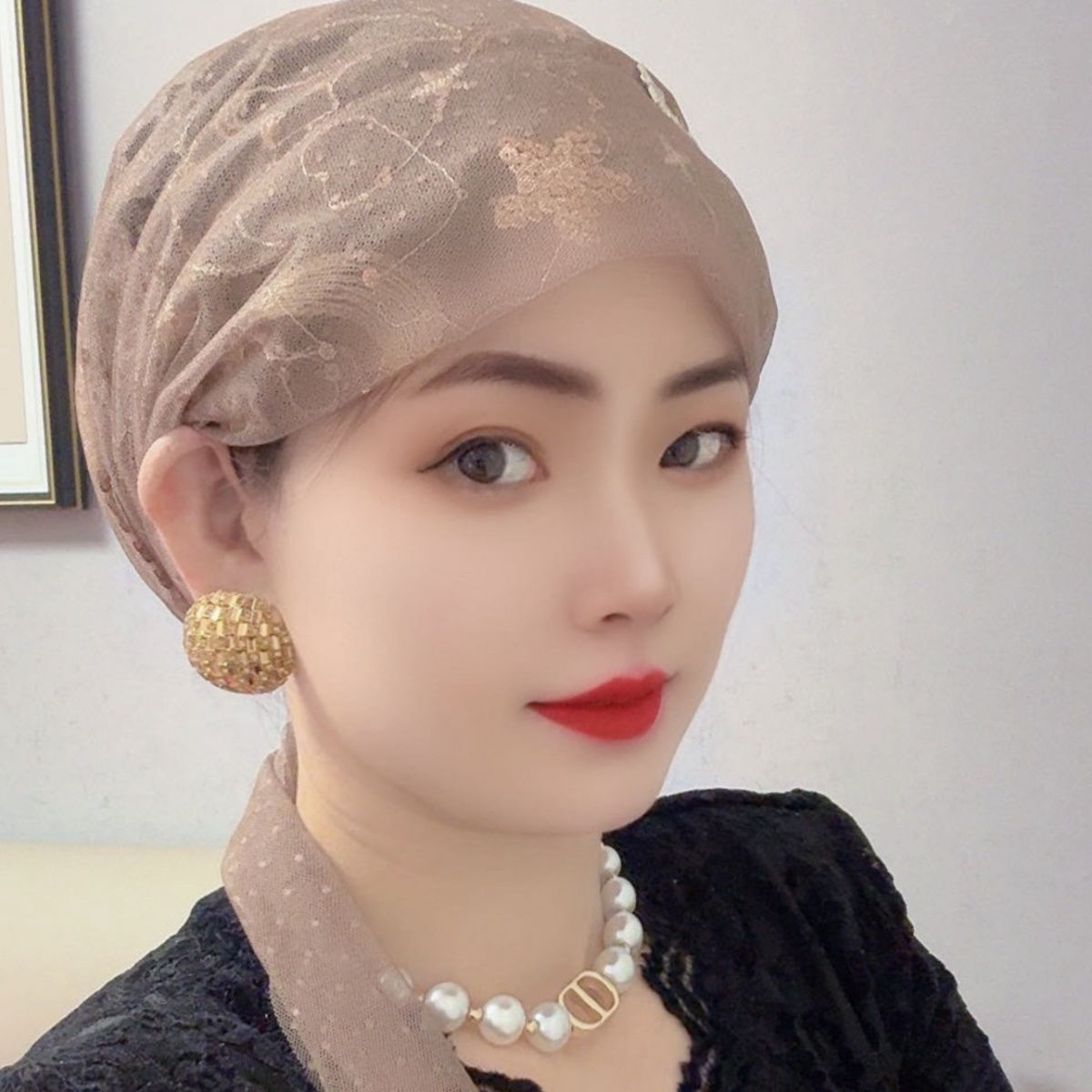 蕾丝刺绣透气双层妈妈包头帽