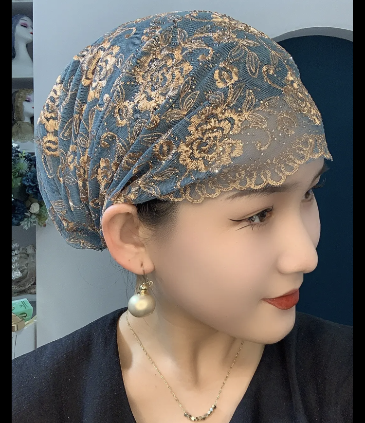 夏季新款薄款蕾丝帽包头帽玫瑰花刺绣头巾帽时尚遮白发碎发妈妈帽