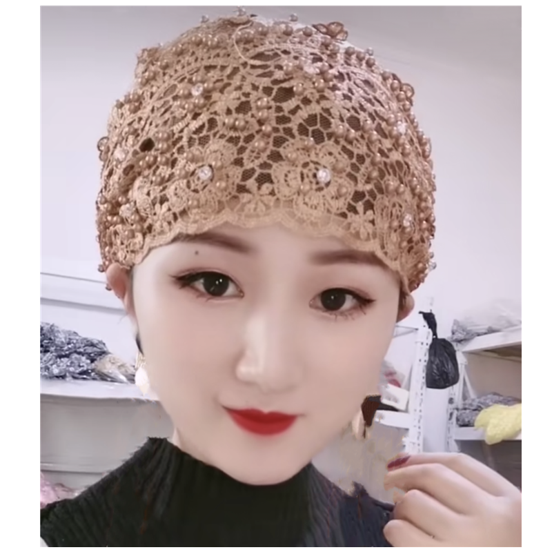 新款穆斯帽子女士头巾帽时尚立体花蕾丝包头帽遮发帽方便套头