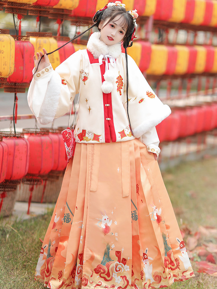 옥 토끼기도 원래 명나라가 만든 재킷 스커트 HANFU 여성 2024 새로운 겨울 두꺼운 따뜻한 말 얼굴 스커트 정장 고대 의상