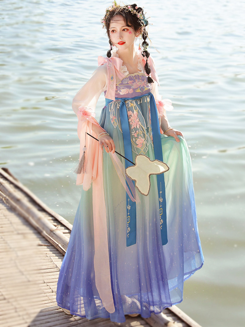 염색 및 칠해진 원래 가슴 높이 속치마 HANFU 여성 2024 새로운 스타일 당나라에서 만든 한 요소 여름 개선 버전 슈퍼 요정 고대 의상