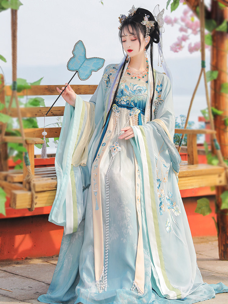 QINGHE 원래 MYROBALAN 스커트 HANFU 여성 2024 새로운 당나라에서 만든 개선된 대형 소매 셔츠 중공업 MYROBALAN 스커트 요정 고대 의상