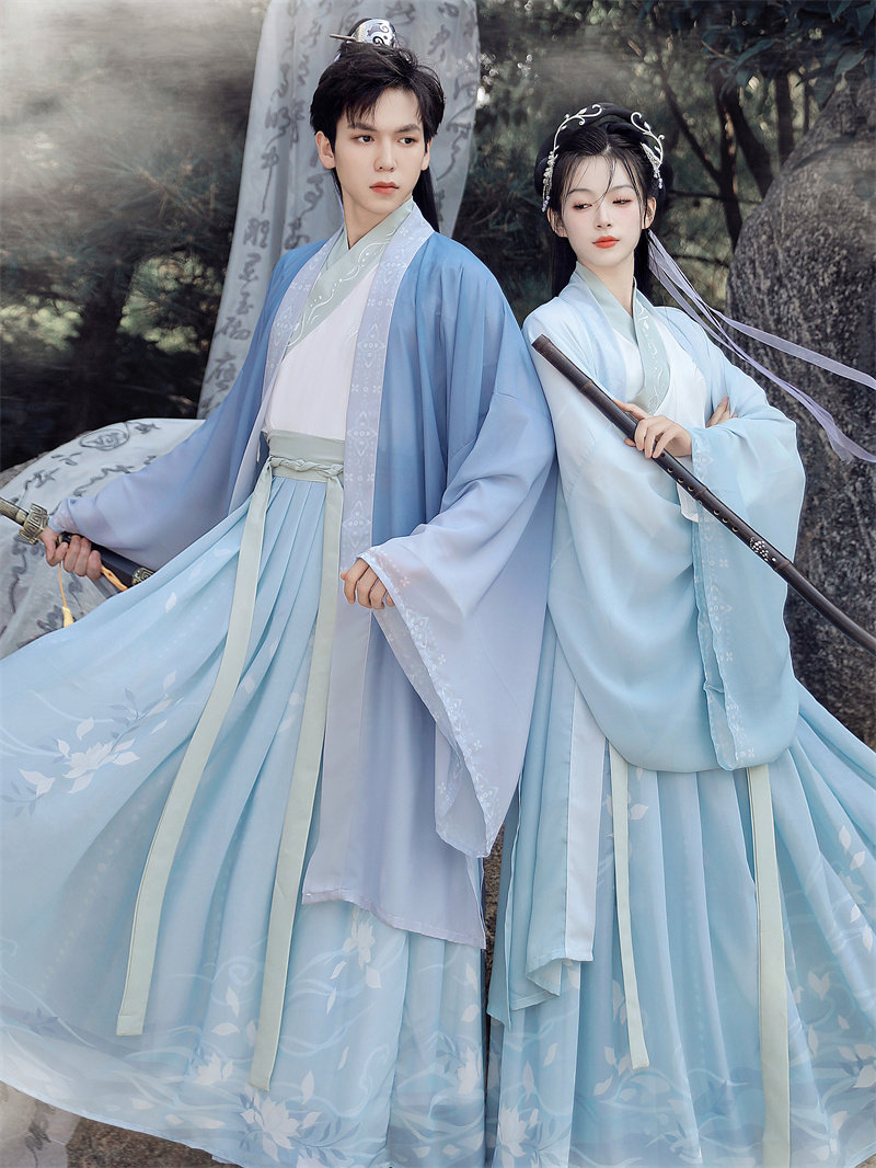 비교할 수 없는 진이 만든 커플 HANFU 남성과 여성을 위한 2024 새로운 개선된 허리 길이 크로스 칼라 속치마 중국 스타일의 요정 의상
