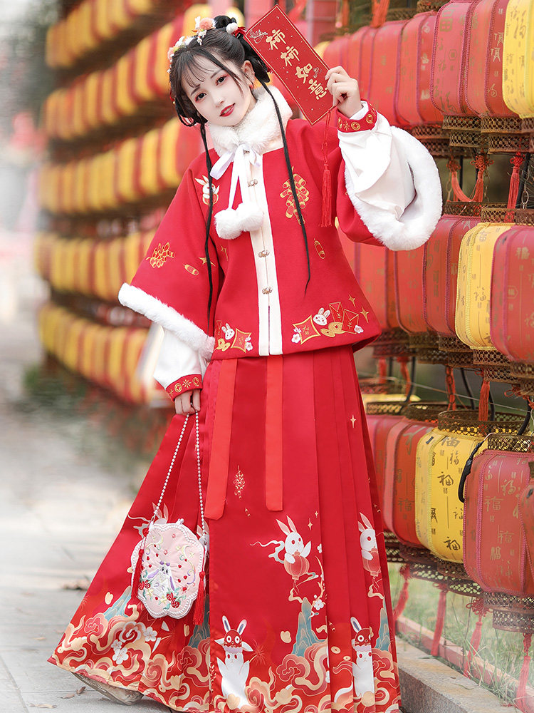 옥 토끼기도 원래 명나라가 만든 재킷 스커트 HANFU 여성 2024 새로운 겨울 두꺼운 따뜻한 말 얼굴 스커트 정장 고대 의상