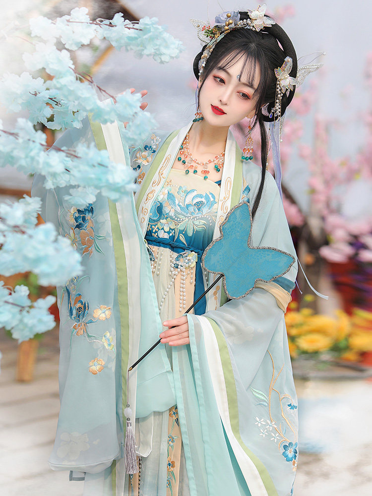 QINGHE 원래 MYROBALAN 스커트 HANFU 여성 2024 새로운 당나라에서 만든 개선된 대형 소매 셔츠 중공업 MYROBALAN 스커트 요정 고대 의상