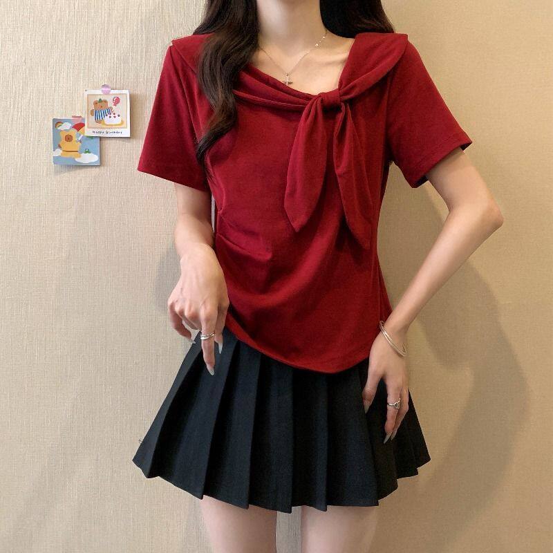 广州白马女装短袖大码不规则海军领蝴蝶结t恤夏新款显瘦遮肉正肩图片
