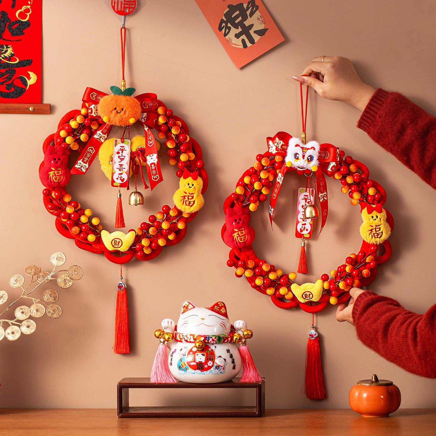 新年醒狮毛绒挂件2026新款马年福字花环入户门挂春节过年氛围布置